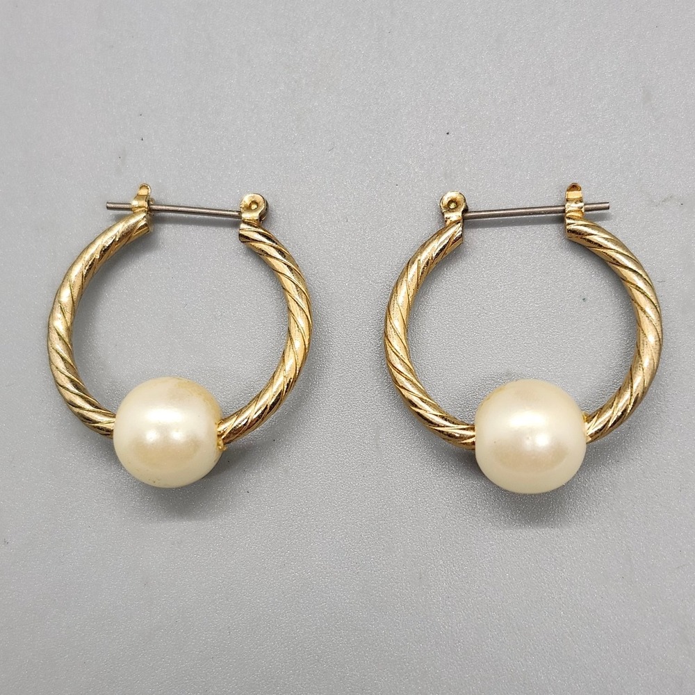 Gold Tone Twisted Hoop Earrings 1" Drop Faux Pearl Fashion Jewelry Leverback